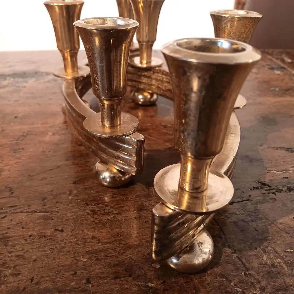 Pair of Vintage Dirilyte Model 915 Curved Brass Candelabras Art Deco MCM Gold